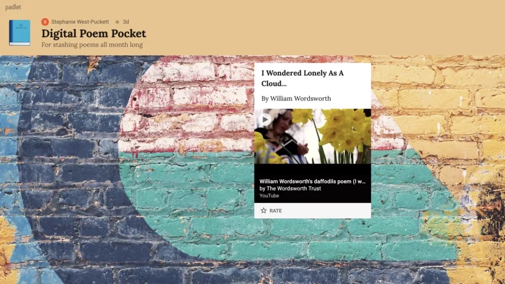 Screenshot of painted brick wall and photo from poetry Padlet.