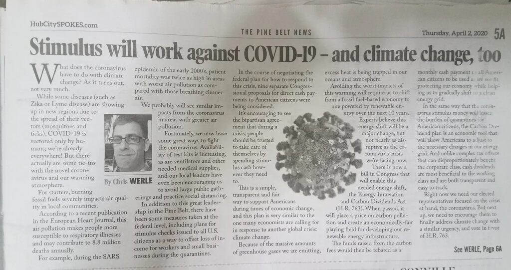 Newspaper article showing “Stimulus will work against COVID-19…”.