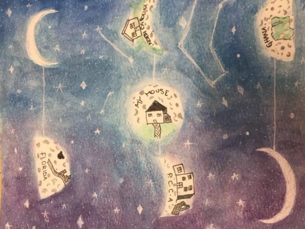 Illustration and painting of home drown on moon with other moons around.