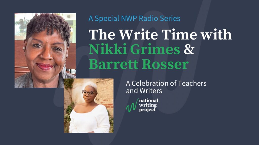 Photos of Nikki Grimes and Barrett Rosser on a dark background with show title.