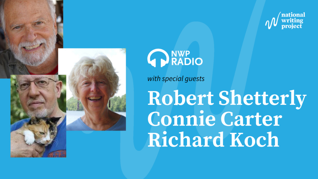 Photos of Robert Shutterfly, Connie Carter, and Richard Koch on blue background.