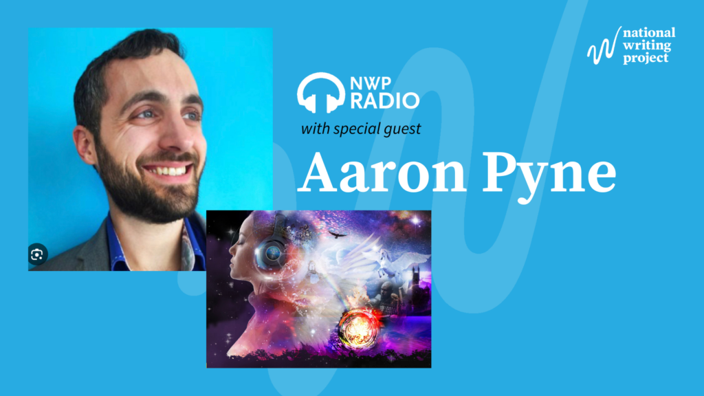 Photo of Aaron Pyne with cosmic image of person with headphones on blue background.