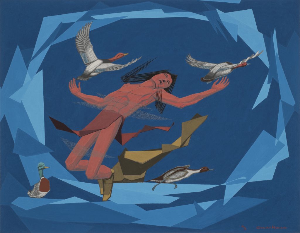 Picture of painting of indigenous person in blue background with ducks flying around.