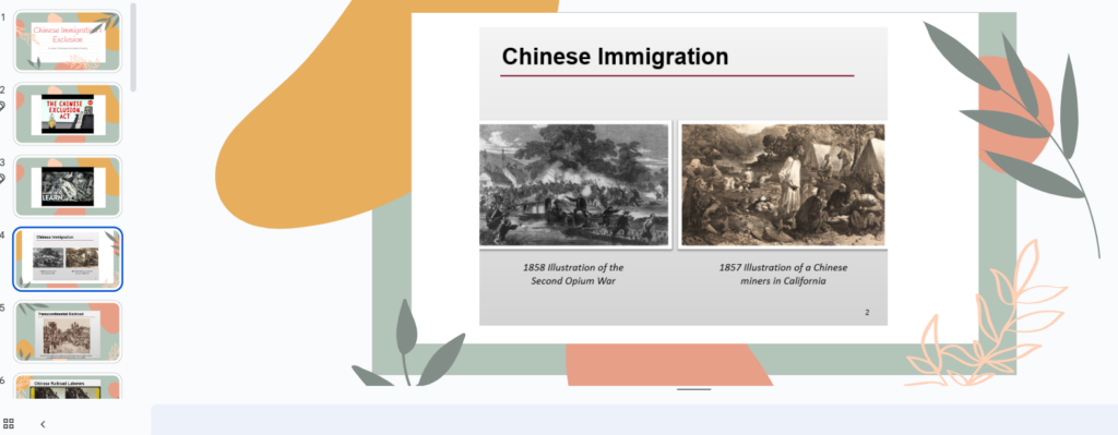 Screenshot of powerpoint showing slides educating students about Chinese Immigration. 