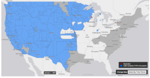 Screenshot of website showing interactive map of the US with blue showing sites of Indian land removal. 