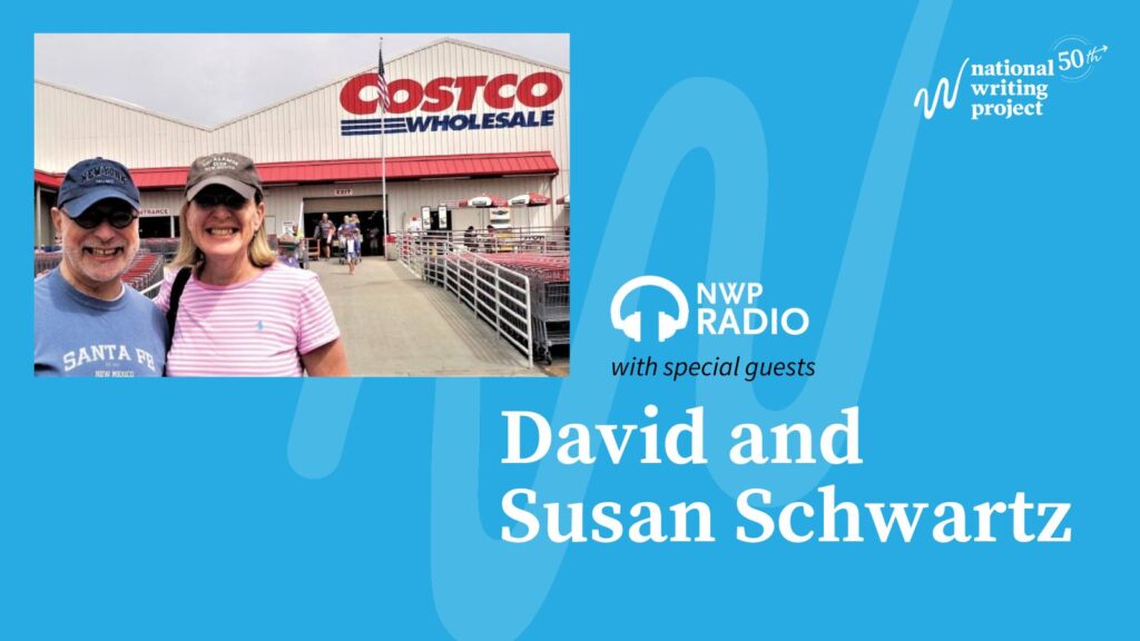 Picture of authors in front of Costco with names on blue background.