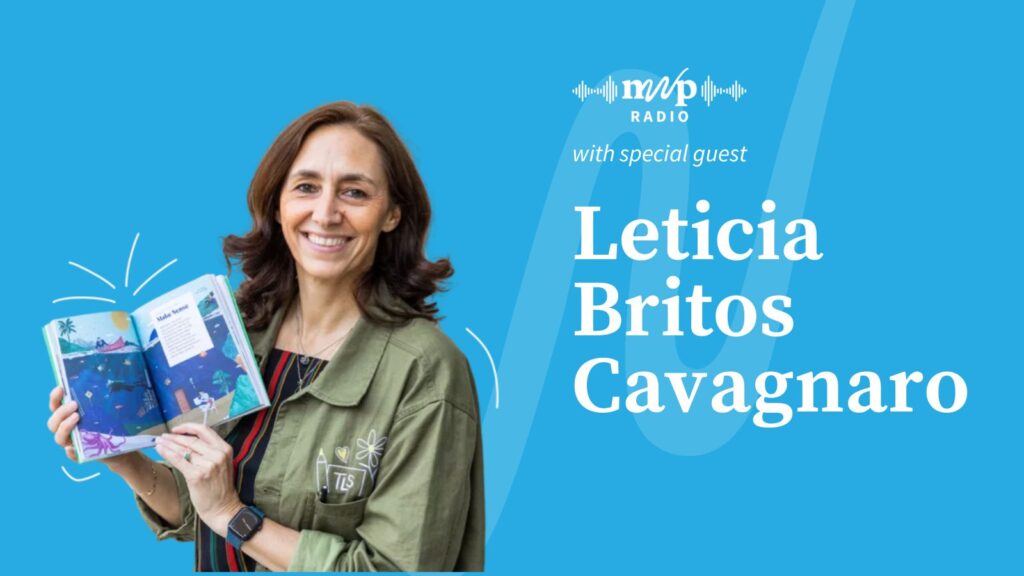 Photo of Leticia holding her book with NWP Radio logo and show title to the right, all on blue background.