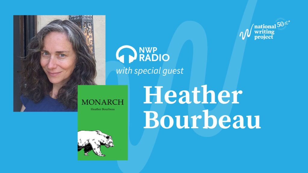 Headshot of Heather with image of Monarch book cover on blue background with her name and NWP logo.