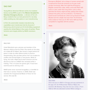 Screencapture from timeline showing 20th century women photos and biographical text.