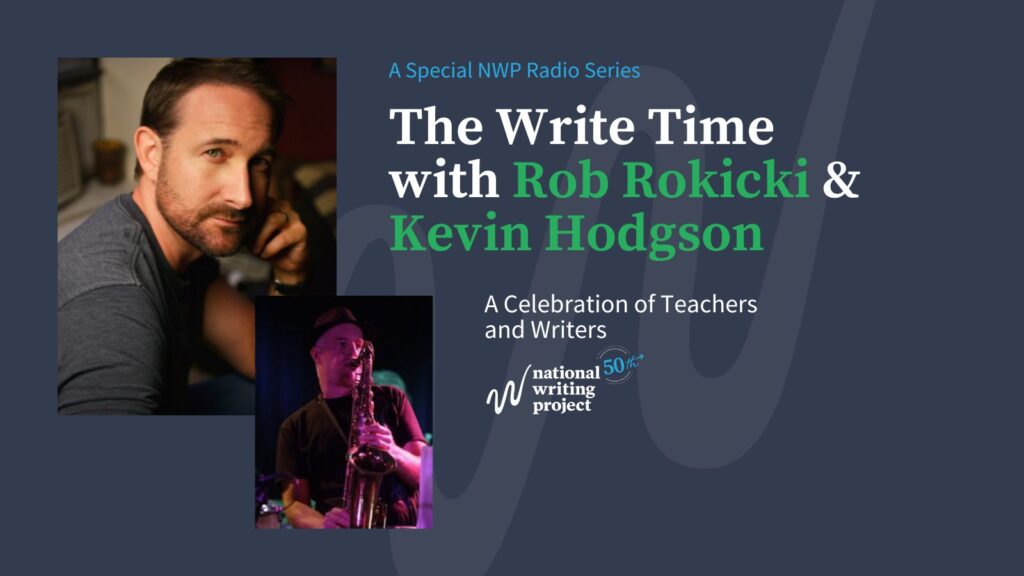 Headshot of Rob and photo of Kevin with saxophone on dark gray background with show title.