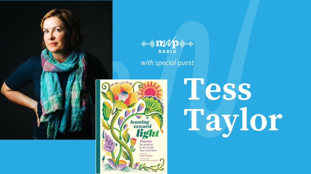 Photo of Tess with cover of Leaning Towards the Light on blue background with Tess Taylor printed to the right.