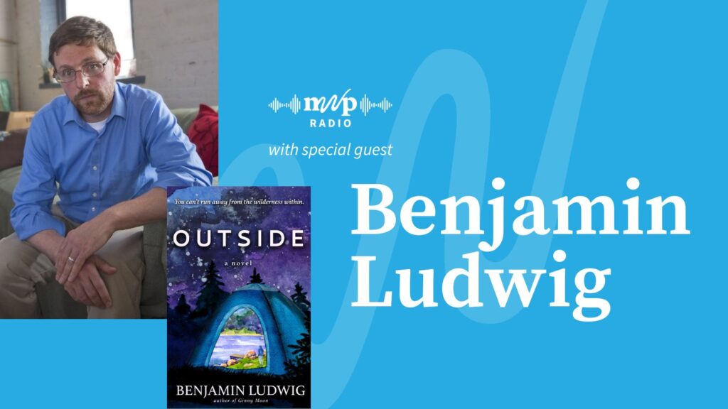 Picture of Benjamin sitting on couch with hands folded and a picture of the cover of Outside, all on blue background with his name to the right.